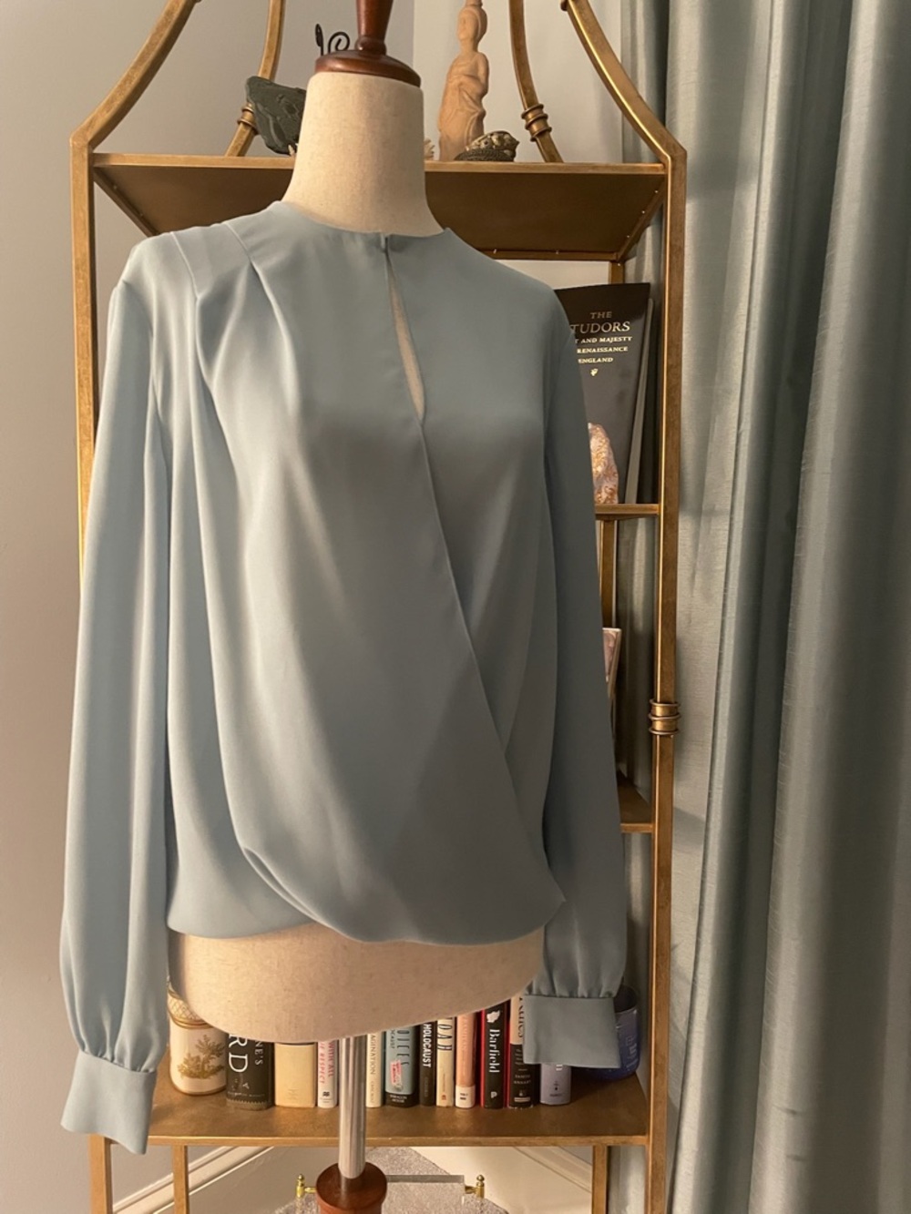 Ann Taylor Light Blue Draped Long-Sleeve Blouse Office Wedding Guest XS Small
